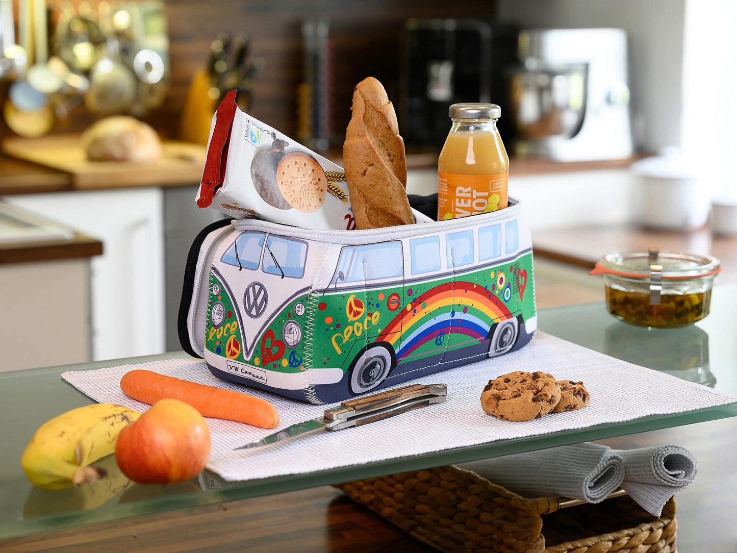 BRISA VW Collection - Volkswagen Neoprene Universal Makeup Cosmetics Toiletry Travel Pharmacy Bag in T1 Bus Design (Peace/Green) (Large (11.8 x 5.5 x 4.7 inches))