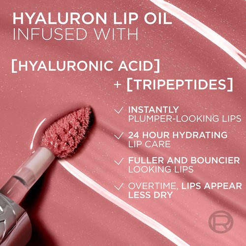 L'Oreal Paris Plump Ambition Hyaluron Lip Oil - 24 HR Volumizing Gloss with Hyaluronic Acid | Cherry Cherie 390, 0.16 Fl Oz