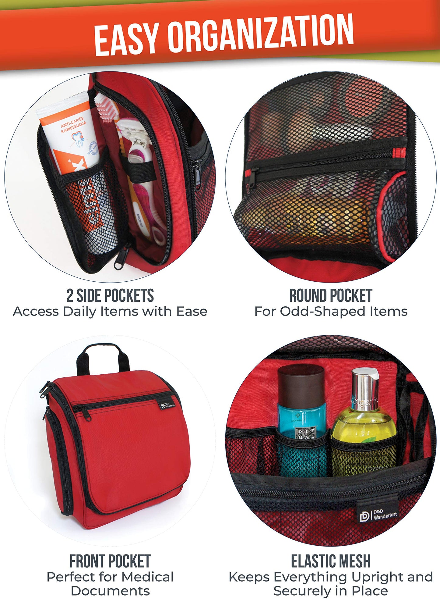 D&D Hanging Travel Toiletry Bag for Men and Women – Cosmetics, Makeup and Toiletries Organizer Kit with 10 Compartments, YKK Zippers, XXL Metal Swivel Hook, Water-Resistant Nylon