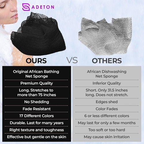 Adeton African Net Sponge - Authentic Exfoliating Bath Wash Cloth | Long Body Scrubber for Dead Skin (Black)