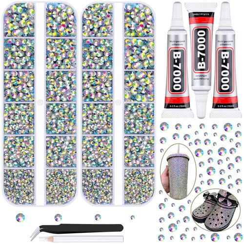 12100Pcs Resin Rhinestones for Crafting with 3Pcs 10ml B7000 Jewelry Glue, 2 Boxes Flatback Crystals Diomand (AB) for Bedazzling Crafts DIY Nail Art Makeup，Non Hotfix Gems for Clothing Shoes