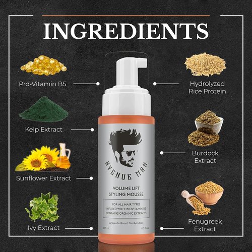 Avenue Man Volume Lift Mousse - 5.07 oz Hair Foam with Argan Oil & Silk Protein for Strong, Thick Hair | Alcohol & Paraben Free