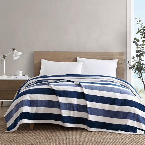 Nautica King Size Blanket - Soft Plush Oversized Striped Bedding in Awning Stripe Blue