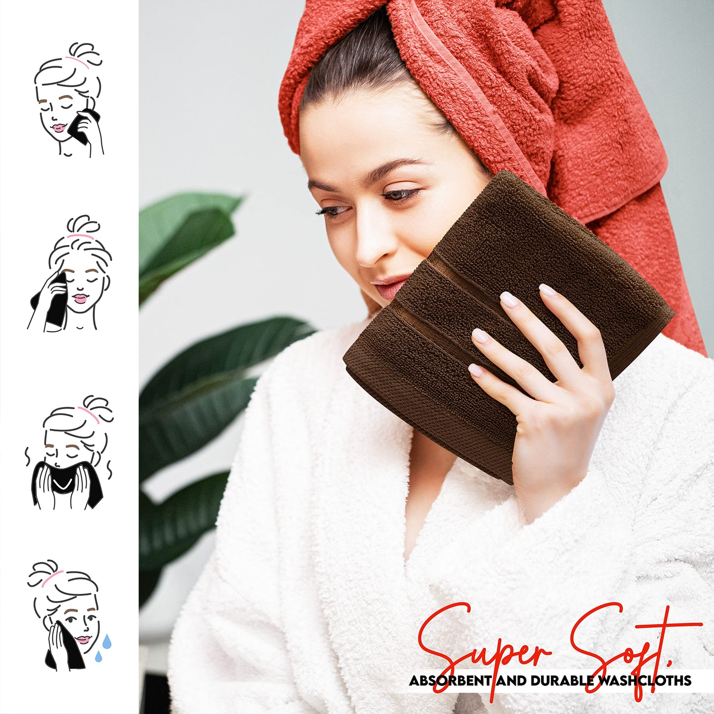 Utopia Towels, 12 Pack Viscose Luxury Wash Cloths Set, 12 by 12 Inches, 100% Cotton Ring Spun, Highly Absorbent and Soft Feel Essential Washcloths for Bathroom, Face Towel, Gym and Spa, Brown