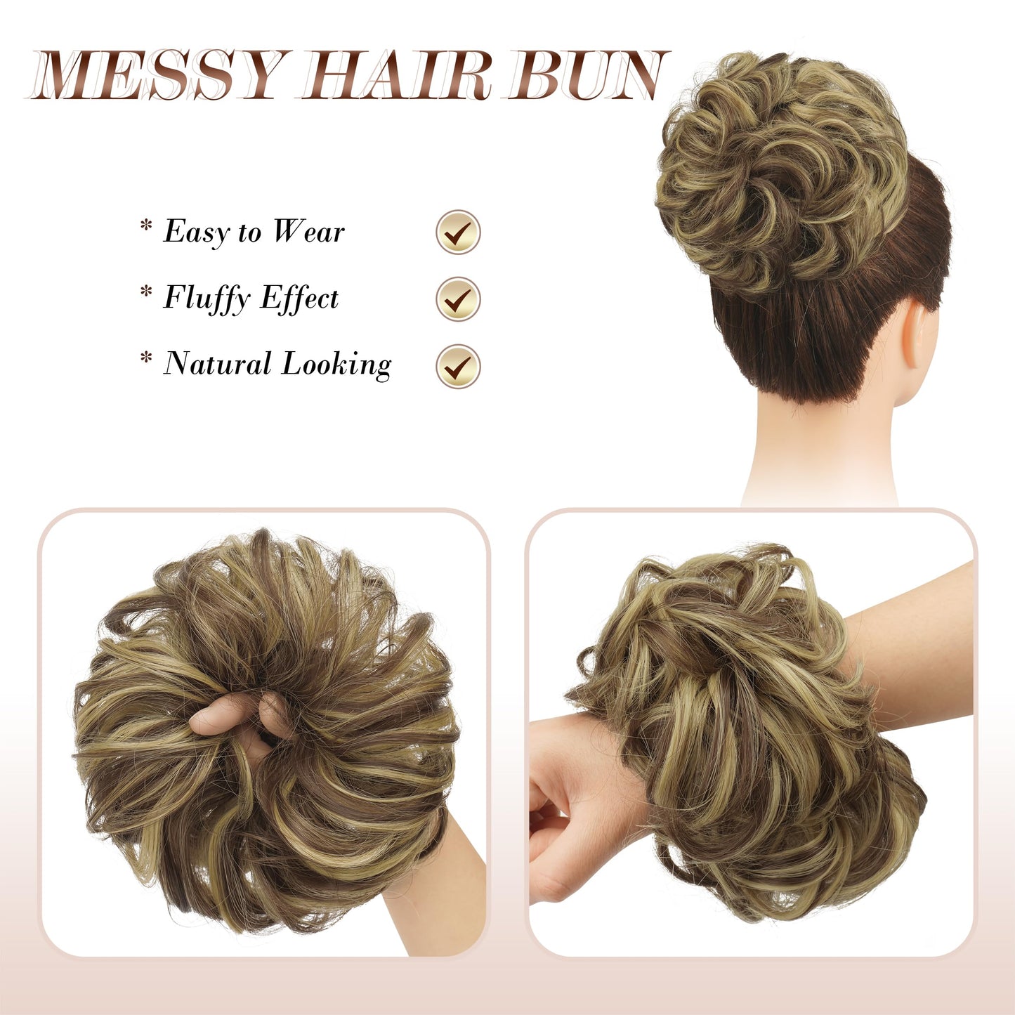 FESHFEN Messy Hair Bun Hair Pieces Wavy Curly Large Hair Bun Scrunchies Extensions Synthetic Chignon Hairpieces for Women Girls, Blonde & Medium Brown 1.94oz