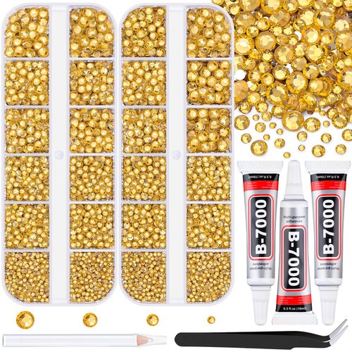 12100Pcs Resin Rhinestones for Crafting with 3Pcs 10ml B7000 Jewelry Glue, 2 Boxes Flatback Crystals Diamond (Golden Yellow) for Bedazzling Crafts DIY Nail Art, Gems for Clothing Shoes