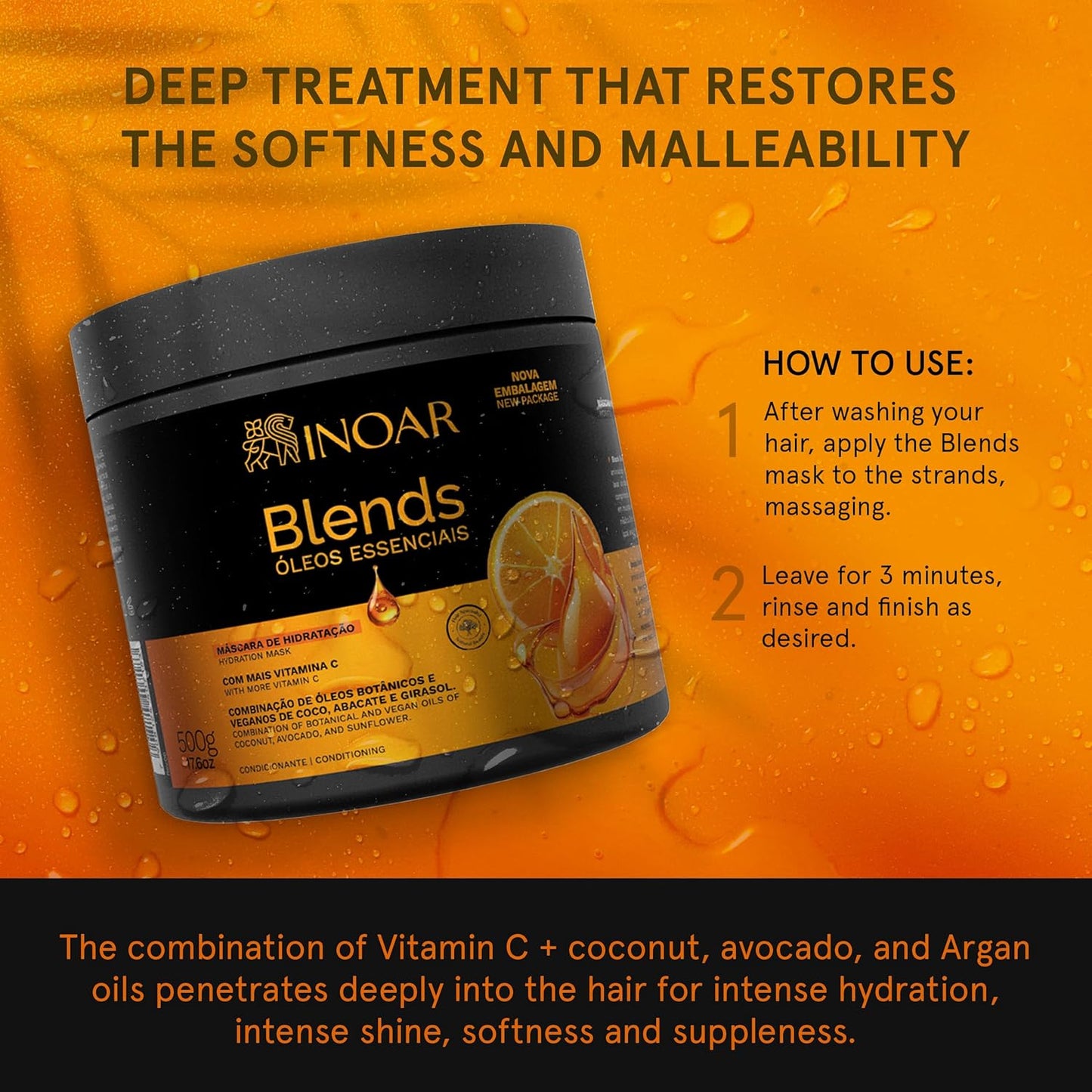 INOAR Blends Hair Mask - Moisturizing Treatment with Vitamin C & Argan Oil for Dry Hair | 17.64 Fl Oz