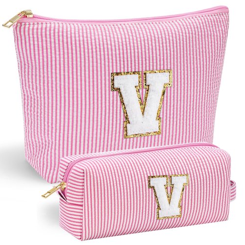 YOOLIFE Cute Gifts Travel Makeup Bag - Pink Makeup Bag Make Up Bags Travel Cosmetic Bags for Women Yoga Picnic Bags Cute Makeup Bag Personalized Best Friend Birthday Gifts for Women Her Monogram V