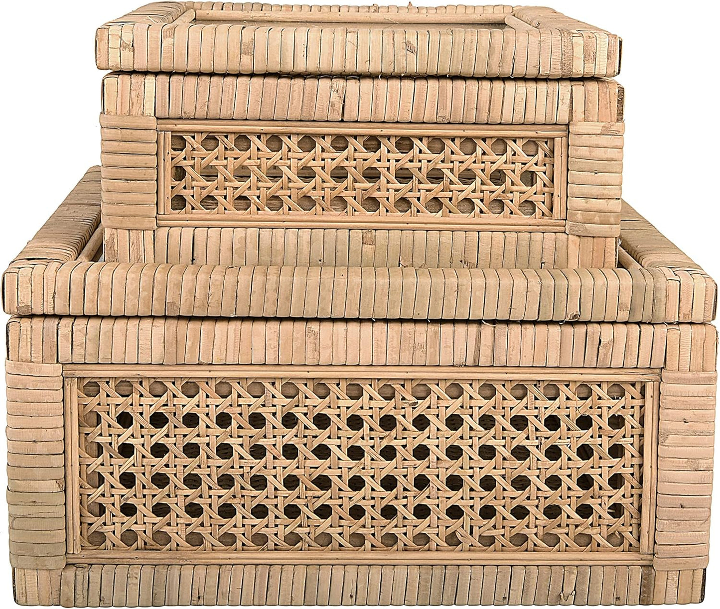 Creative Co-Op Decorative Woven Rattan & Wood Display Boxes - Set of 2 with Glass Top, Natural Finish