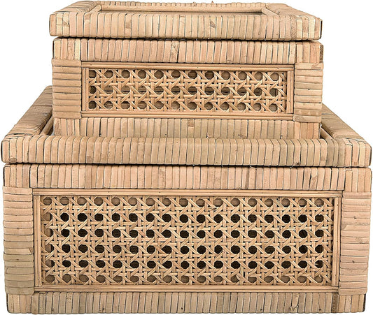 Creative Co-Op Decorative Woven Rattan & Wood Display Boxes - Set of 2 with Glass Top, Natural Finish