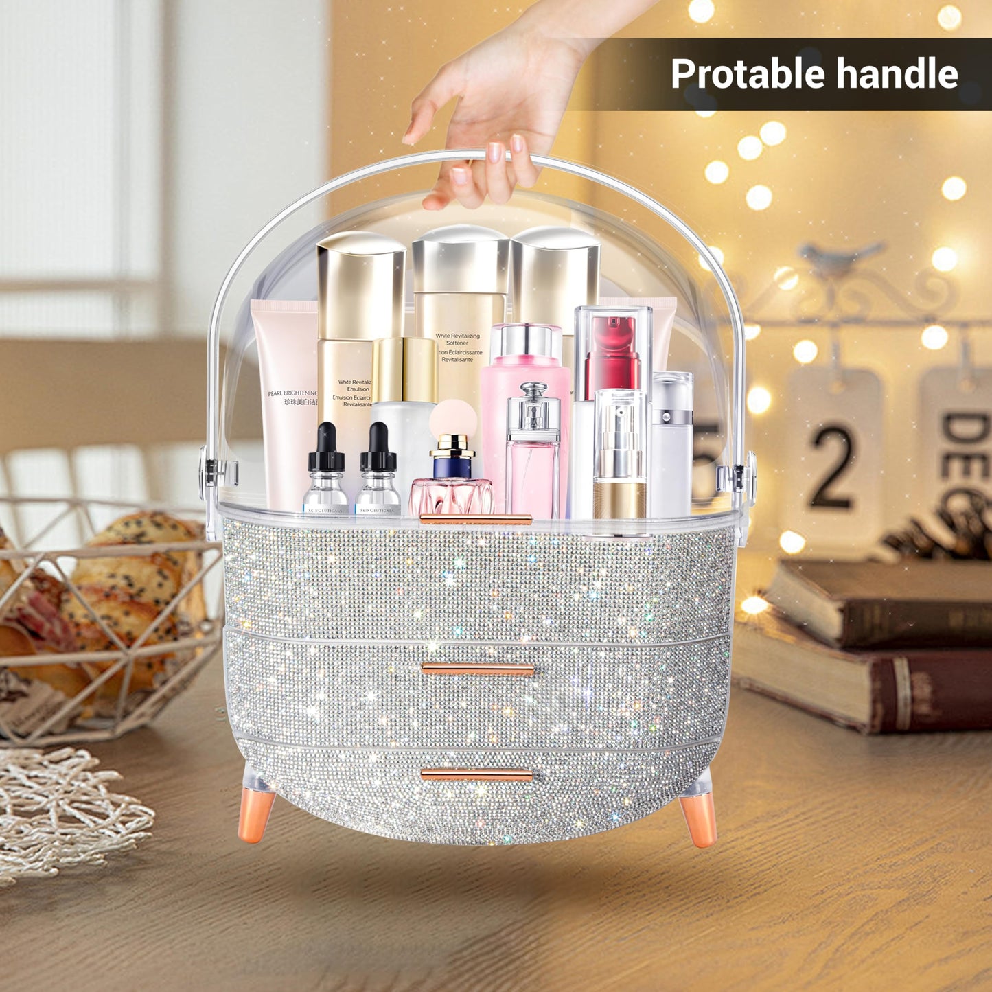 MASSY Egg Shape(Oval) Makeup Storage Box, Countertop Portable Vanity Cosmetics Organizer Preppy Style