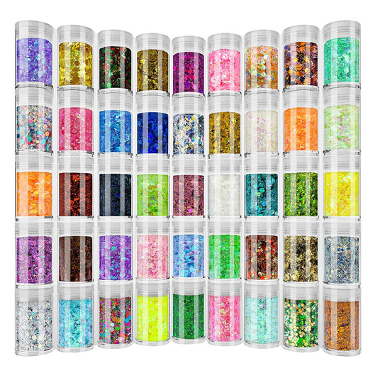 Holographic Chunky and Fine Glitter Mix, 45 Colors Craft Glitter for Epoxy Resin Arts, Iridescent Nail Glitter, Cosmetic Eye Hair Face Body Glitter, Glitter Flakes Sequins for Tumbler Festival Jewelry