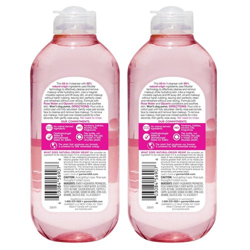 Garnier Micellar Water - Hydrating Facial Cleanser & Makeup Remover with Rose Water | 13.5 Fl Oz (400mL), 2 Count