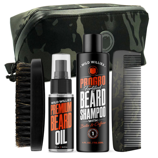 Wild Willies Beard Care Kit for Men - Beard Grooming & Care Kit with Beard Oil, Beard Shampoo, Beard Comb & Beard Brush - Beard Care Set includes Travelling Case