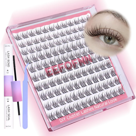 Eefofnn Natural Lash Clusters Kit Wispy Individual Lash Extension Kit CC Curl Cluster Eyelash Extension Bond and Seal Lash Glue with Applicator Tweezers 9-12MM Individual Eyelashes Kit 120 Pcs