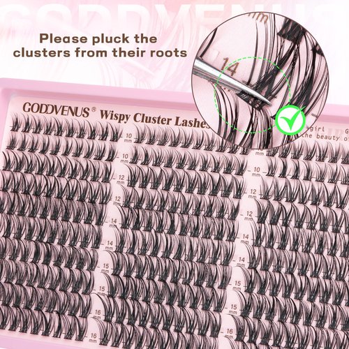 Goddvenus Lash Clusters Kit Wispy Eyelash Clusters Lashes Natural DIY Lash Extension Kit 10-16mm Cluster Eyelash Extensions Kit 300pcs C Curl Individual Lashes Cluster Eyelash (No Tweezers)