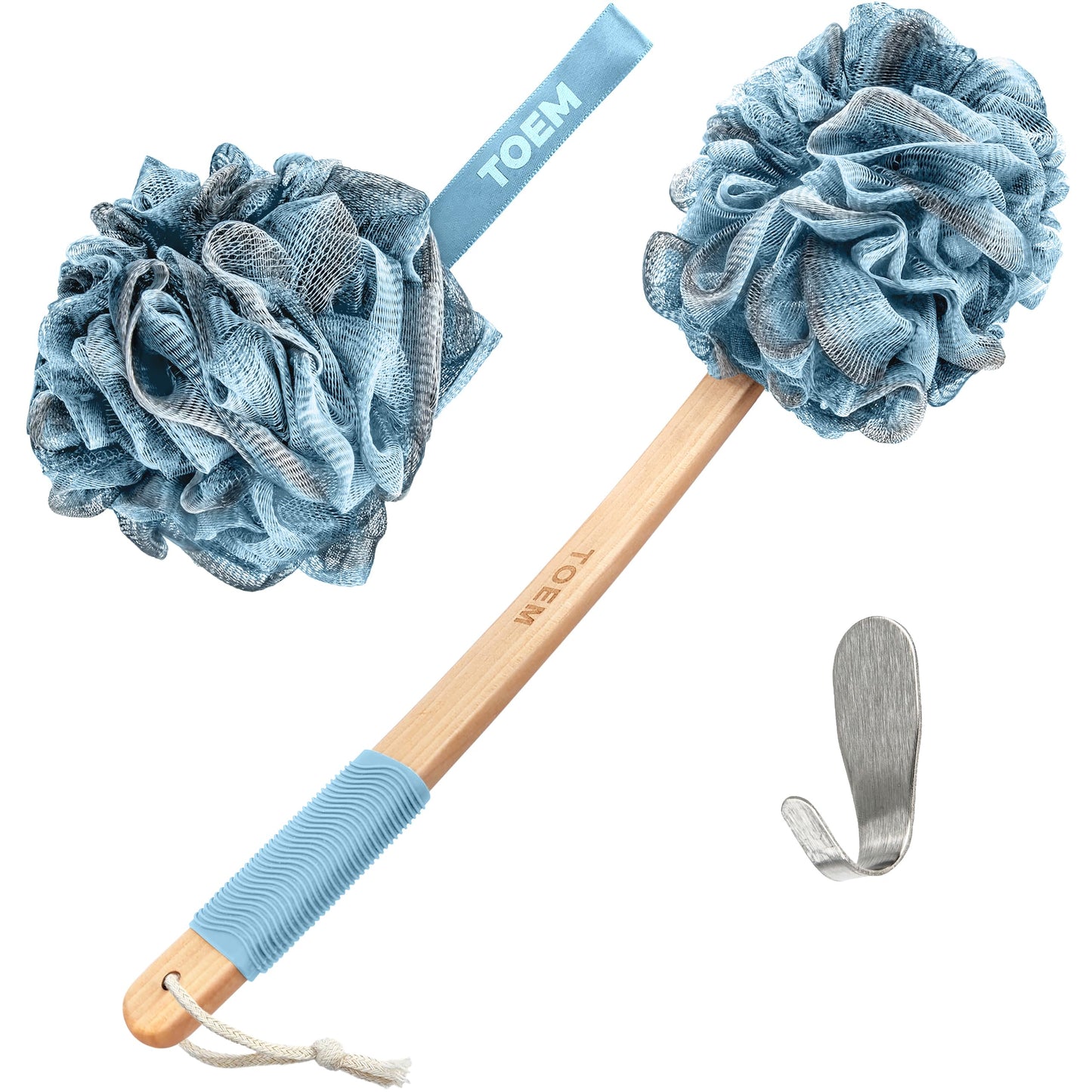 Toem Loofah Back Scrubber for Shower | Bamboo Charcoal Fiber Infused | Loufas for Men & Women | Includes 1 Long Handled Shower Sponge, 1 Bath & Shower Luffa Pouf & 1 Hook to Hang Stuff (Sky Blue)