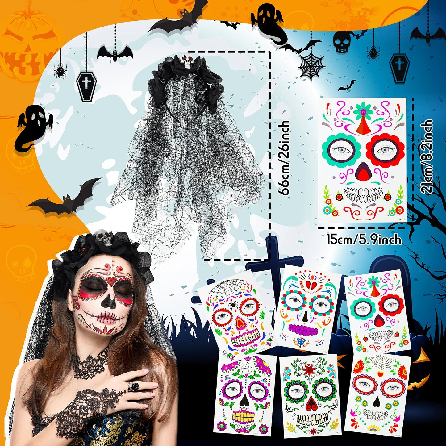 WILLBOND Day of The Dead Headband Halloween Mexican Veil Spider Headband with Halloween Face Tattoo Temporary Face Sticker (Elegant Style)