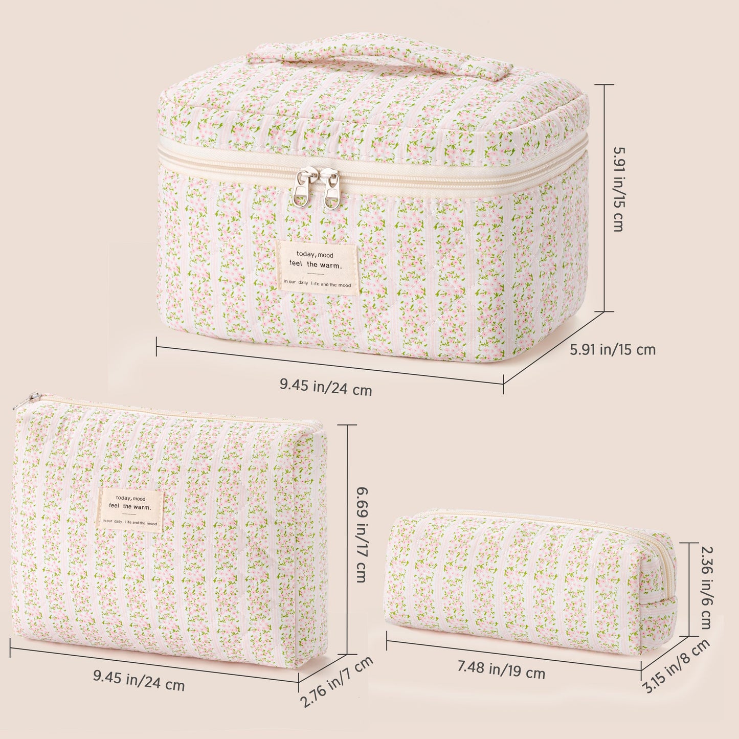HBselect Quilted Makeup Bag, 3PCS Cotton Large Travel Makeup Bag, Cute Floral Coquette Make up Bag Cosmetic Bag Toiletry Bag for Women Girls