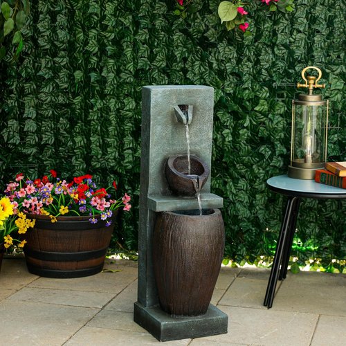Alpine Corporation 32" 3-Tier Jar Fountain - Elegant Outdoor Water Feature with LED Lights for Garden & Patio