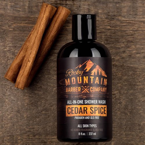 Rocky Mountain Barber Company Cedar Spice All-In-One Body Wash | Shampoo, Conditioner & Beard Wash - 8 oz