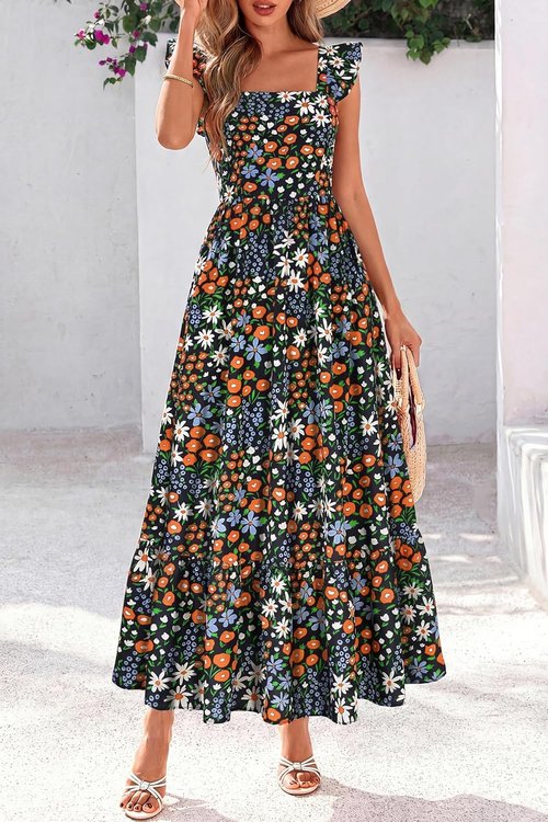 Dowerme Women's Floral Boho Midi Dress - Ruffle Sleeve, Square Neck, Perfect for Spring Beach Parties