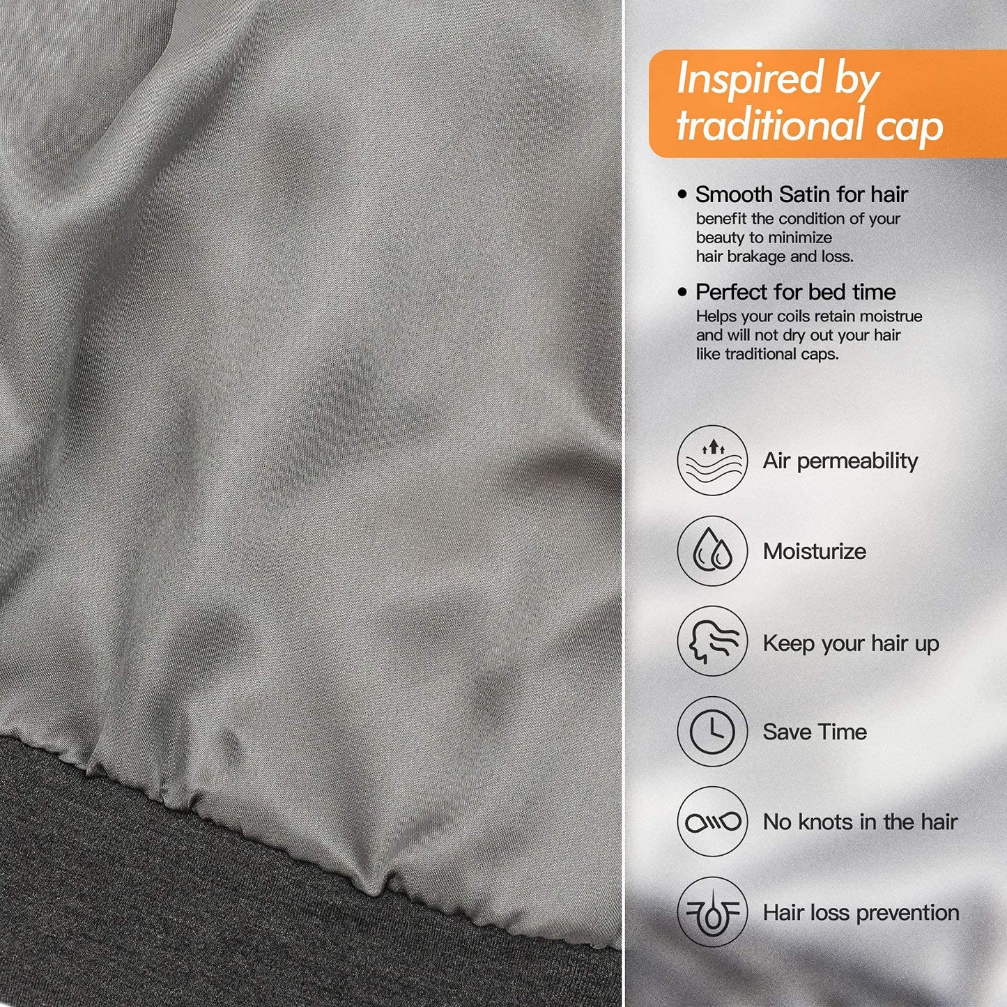 Silk Satin Lined Bonnet Sleep Cap - Adjustable Stay on All Night Hair Wrap Cover Slouchy Beanie for Curly Hair Protection for Women and Men - Solid Dark Grey