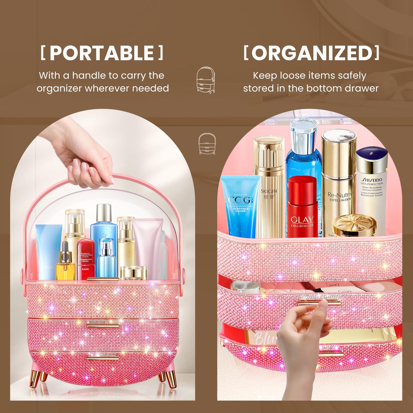 Ptesly Teen Girls Gift Makeup Organizer,Skincare Organizer Jewelry Storage,Cosmetics Storage and Display Case,Make Up Holders and Organizers for Countertop,Bathroom Organizer (PearlPink)