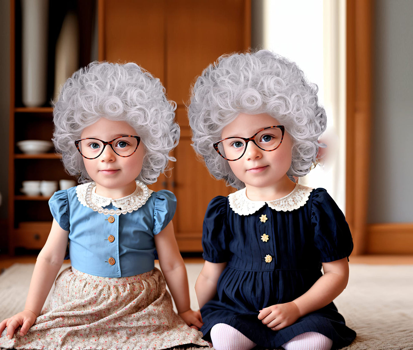 White Curly Old Lady Costume Wig with Granny Glasses and Pearl Necklace for Halloween Party