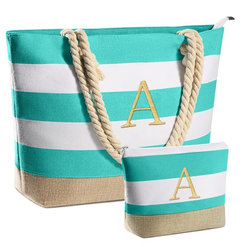 YOOLIFE Gifts for Women - Mothers Day Gifts, Birthday Gift for Women Teacher Bridesmaid Daughter Friend Personalized Beach Bag Initial Beach Tote & Cosmetic Bag A