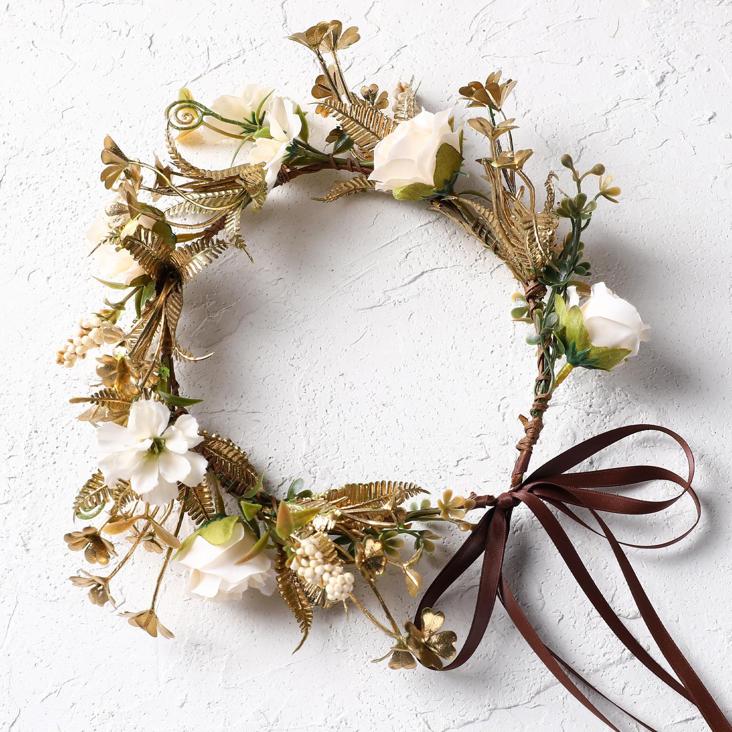 KorViSHOW Vintage Rose Flower Crown - Golden Leaves White Classic Flower Headband Fairy Elegant Flower Headpiece for Women Girls Christmas Mucic Festivals Photo Prop