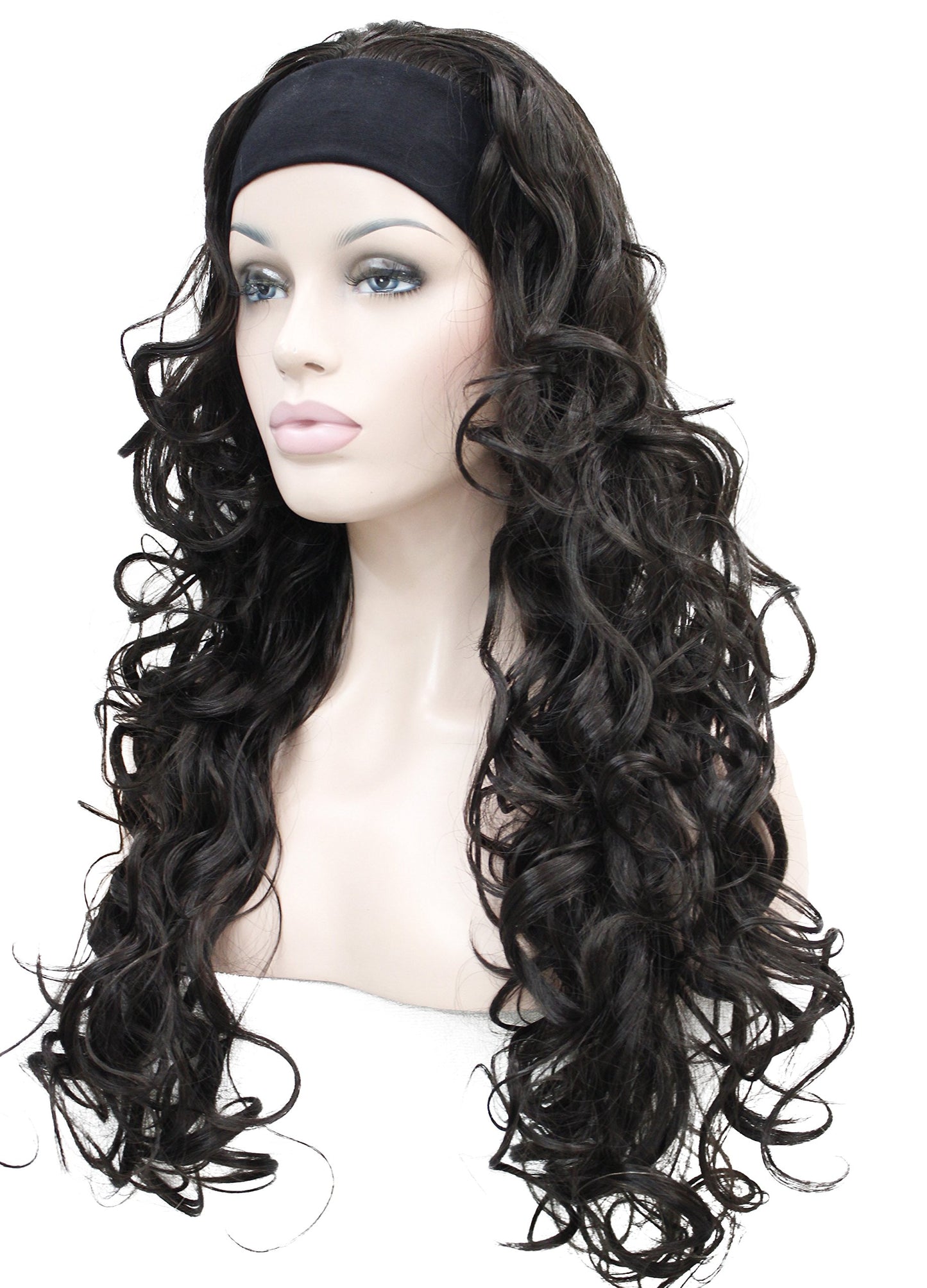 Wiginway 26 inch Long Curly Dark Brown Hair Premium Synthetic Women's Wig 3/4 Half Wig with Black Headband