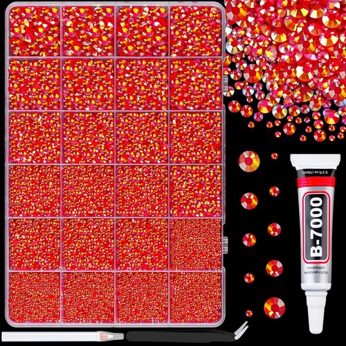 25000Pcs Resin Rhinestones for Crafting, Red AB 2-6mm Mixed Sizes Non Hotfix Flatback Gems with 1Pcs Glue, Bedazzling Crystal for DIY Craft Clothing Mugs Tumblers Shoes Fabric Decor Nail Art