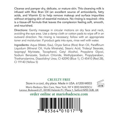 Mario Badescu Cleansing Milk with Carnation, Rice Oil & Vitamin E - No Rinse Liquid Makeup Remover Cleanser with Milky Formula For Skin Care and Gentle Cleansing Experience