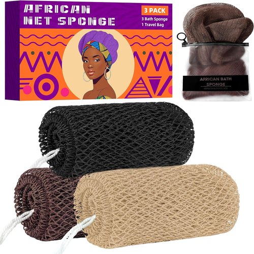 African Net Sponge | Authentic Exfoliating Scrubber Bath Sponge Set - 3 Pieces for All Skin Types (Linen, Brown, Black)