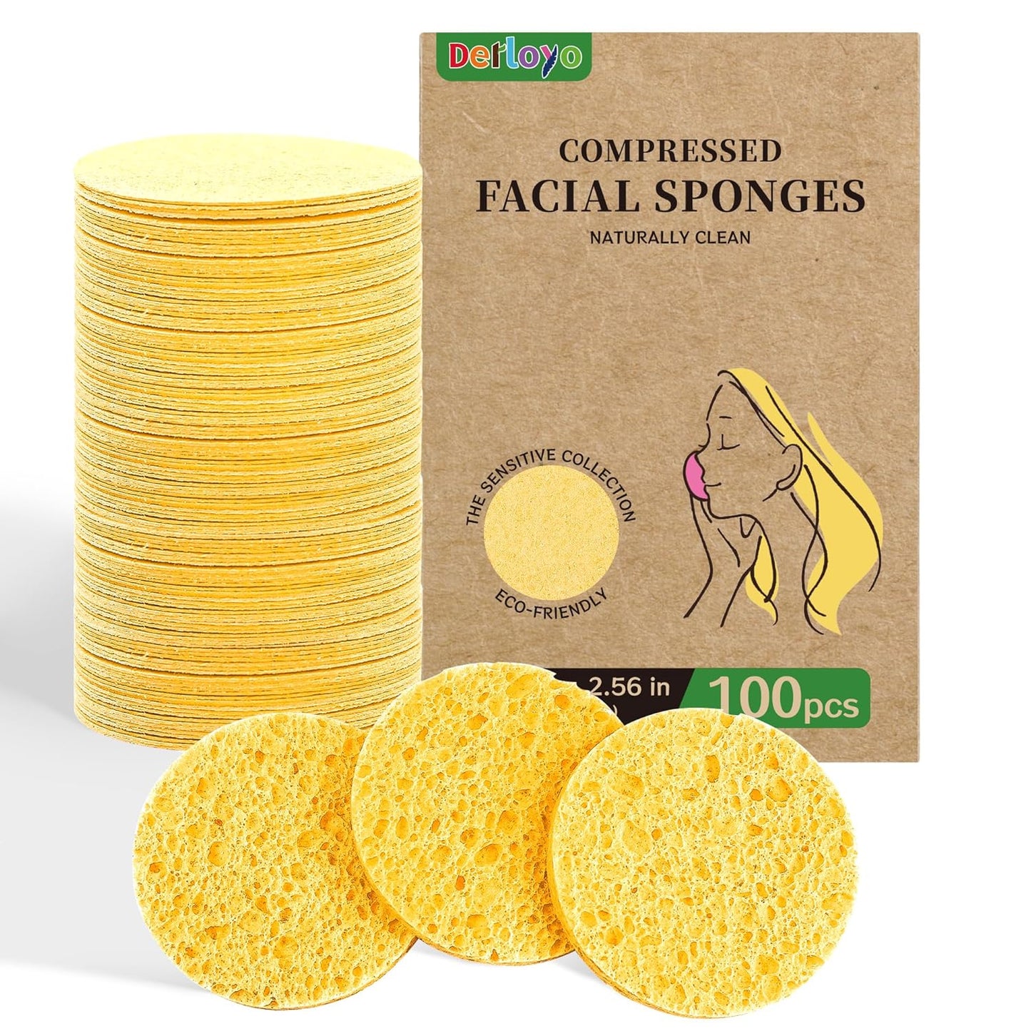 Compressed Facial Sponges - 100-Count Natural Cosmetic Spa Sponges for Cleansing & Makeup Removal | Yellow