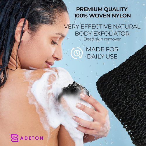Adeton African Net Sponge - Authentic Exfoliating Bath Wash Cloth | Long Body Scrubber for Dead Skin (Black)