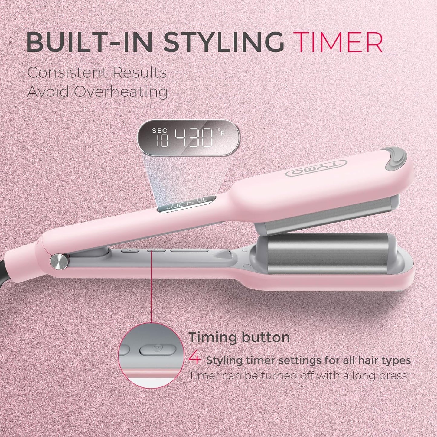 TYMO ROVY Curling Iron - Ionic 3-Barrel Hair Waver for Beach Waves, Anti-Scald, Pink, 1 Inch