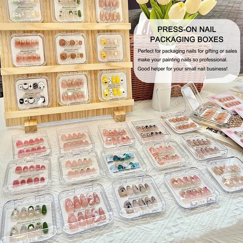 12pcs Press on Nail Storage Box with 60 Pcs Adhesive Double Sided Tape Clear Acrylic Nail Display Box Artificial False Nail Box Organizer Fake Nail Case Transparent Nail Packaging Boxes for Nail Salon