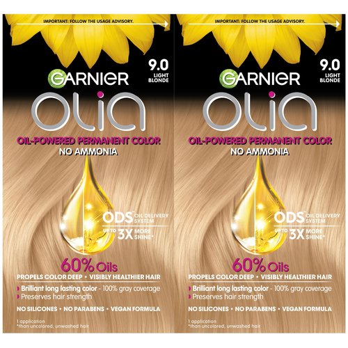 Garnier Olia Hair Color, Ammonia-Free Permanent Hair Dye, Oil-Powered Formula for 100% Gray Coverage and 3x Shinier Hair, Vegan & Cruelty Free, 9.0 Light Blonde, 2 Count