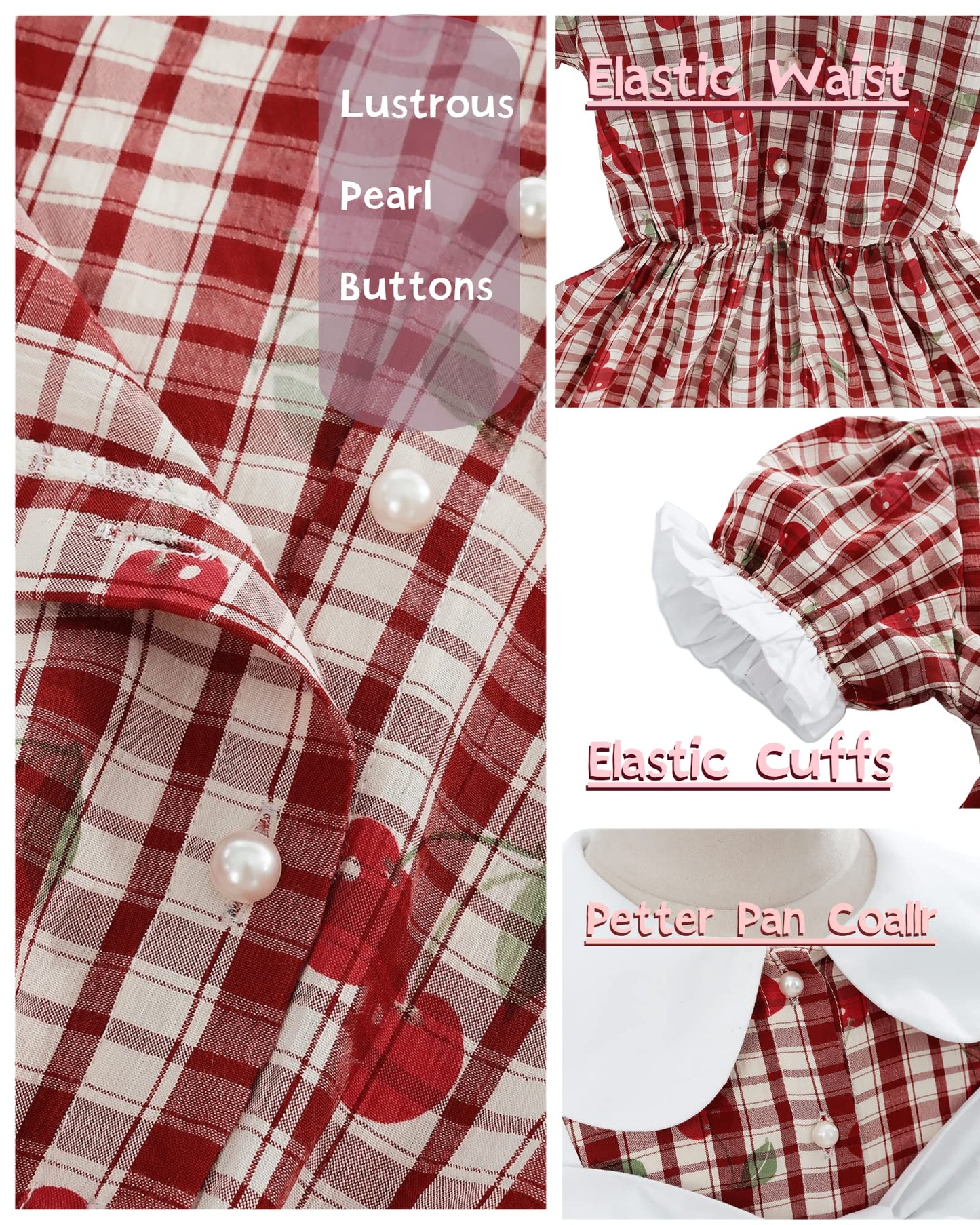 NSPSTT Prairie Dresses for Girls Pioneer Costumes for Girls Amish Dress Colonial Girl Cherry Plaid Dress, Red, XXL age over 4 years old