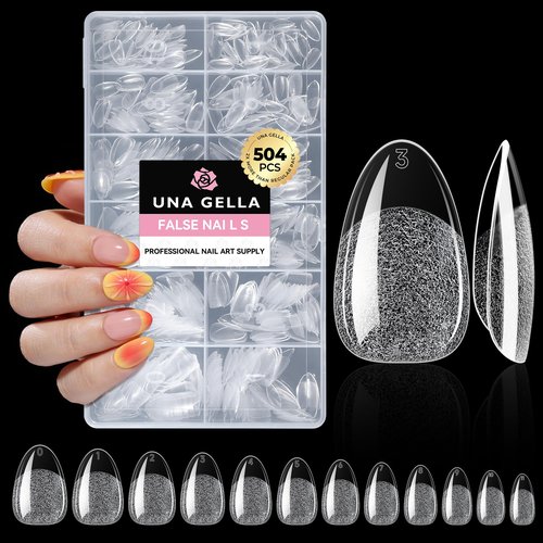 UNA GELLA Short Oval Almond Fake Nails 504pcs Press on Nails Pre-shape Short Almond Round Gel Nail Tips for Full Cover Acrylic False Nails For Nail Extension Home DIY Salon 12 Sizes False Gelly Tips