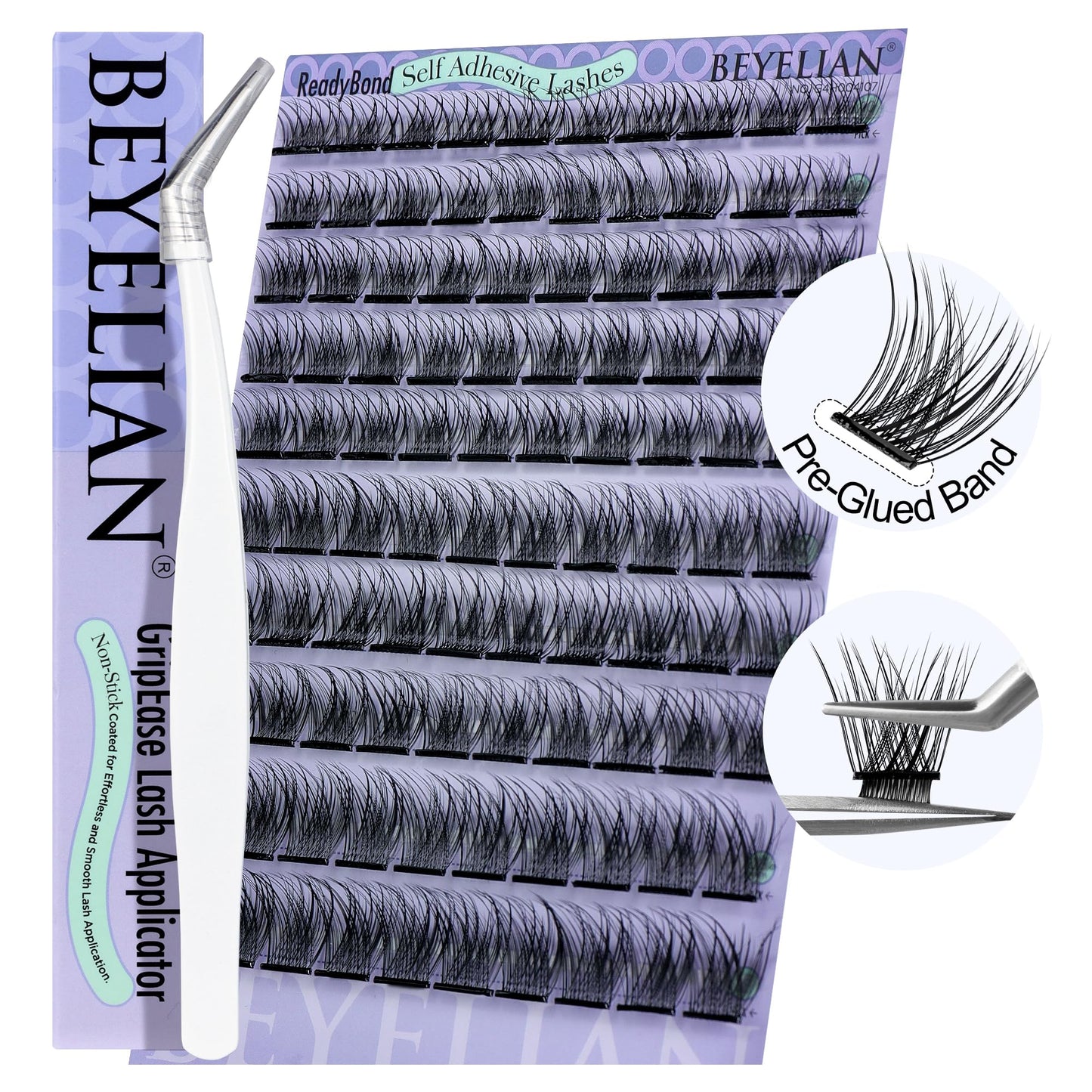 BEYELIAN Self Adhesive Lashes, D+ Curl Press On Eyelashes, No Glue No Remover Needed, Pre Glued Lash Extension with Tweezer Self Stick Easy to Apply at Home 100 pcs (Y01,10-16mm)