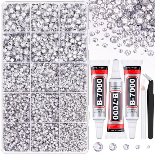 16000Pcs Resin Rhinestones for Crafting, Silver Clear Flatback Gems, Bedazzling Crystal with 3Pcs 10ml B7000 Jewelry Glue Bedazzler Kit for DIY Crafts Clothing Tumblers Shoes Fabric Nail Art