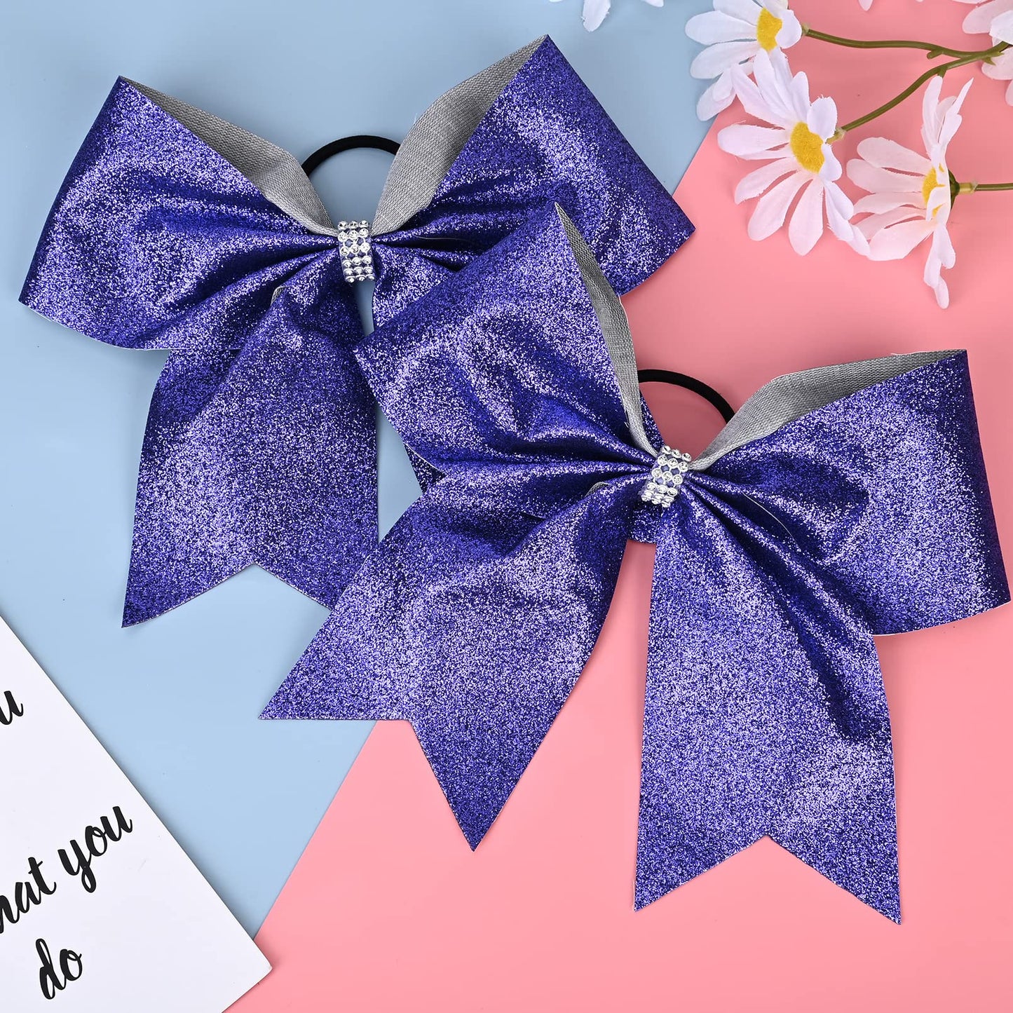 12 PCS Large Glitter Cheer Bows Blue Rhinestones 8" Sparkly Hair Bow Cheerleading Softball Team Bow Hair Accessories for cheerleaders football Competition Sports