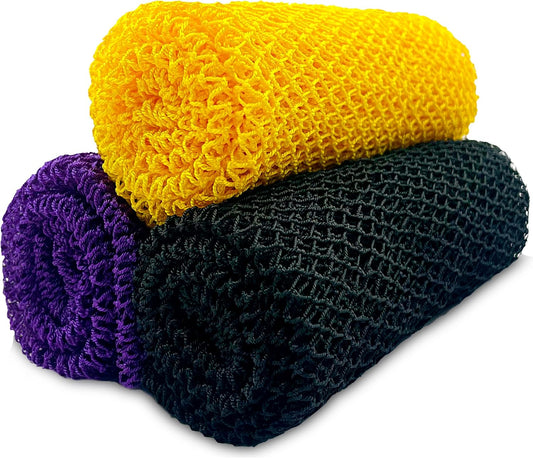 Skiennix African Net Sponge - 3-Pack Exfoliating Loofah Body Scrubber | Black, Yellow, Purple