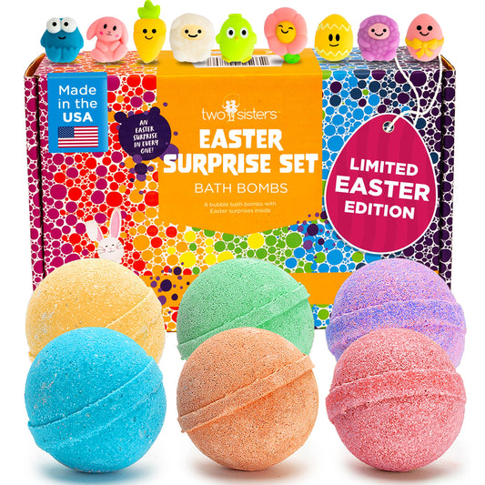 Easter Bath Bombs for Kids with Surprise Toys Inside (6 Pack) - Easter Basket Stuffers for Boys and Girls - Large Spring Bubble Bomb, USA Made, Incredible Fragrances & Colors by Two Sisters