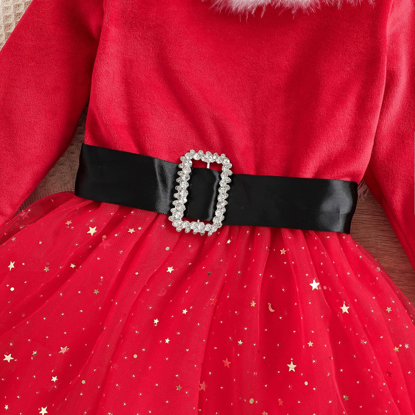 Baby Girls Christmas Dress Velvet Santa Claus Romper Dress Long Sleeve Plush Xmas Princess Party Cosplay Costume Dress (A-Red, 12-18 Months)