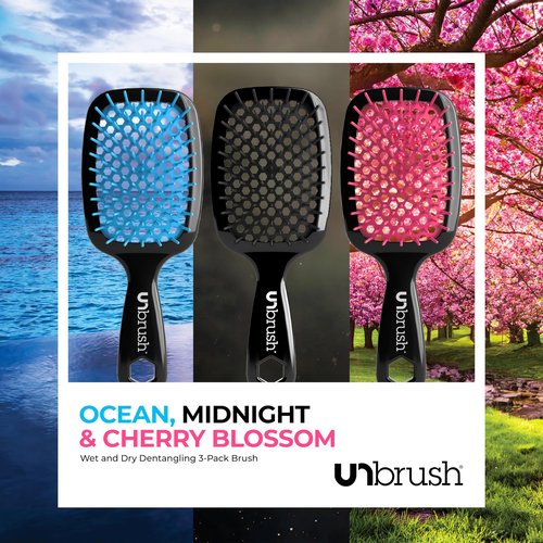 FHI Heat UNbrush Detangling Brush (3-Pack Bundle) — Hair Brush for All Wet/Dry Hair Types — Pain-Free Detangler Brush w/DuoFlex Anti Static Bristles — Lightweight Travel Hair Brush (Original Black)