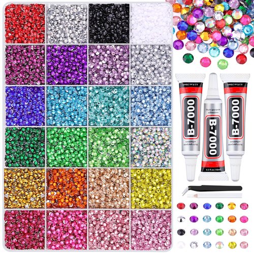 24000Pcs Resin Rhinestones for Crafting with Tweezers, Multicolor 3mm Bedazzling Crystal with 3Pcs 10ml B7000 Jewelry Glue for DIY Crafts Clothing Tumblers Shoes Fabric Nail Art